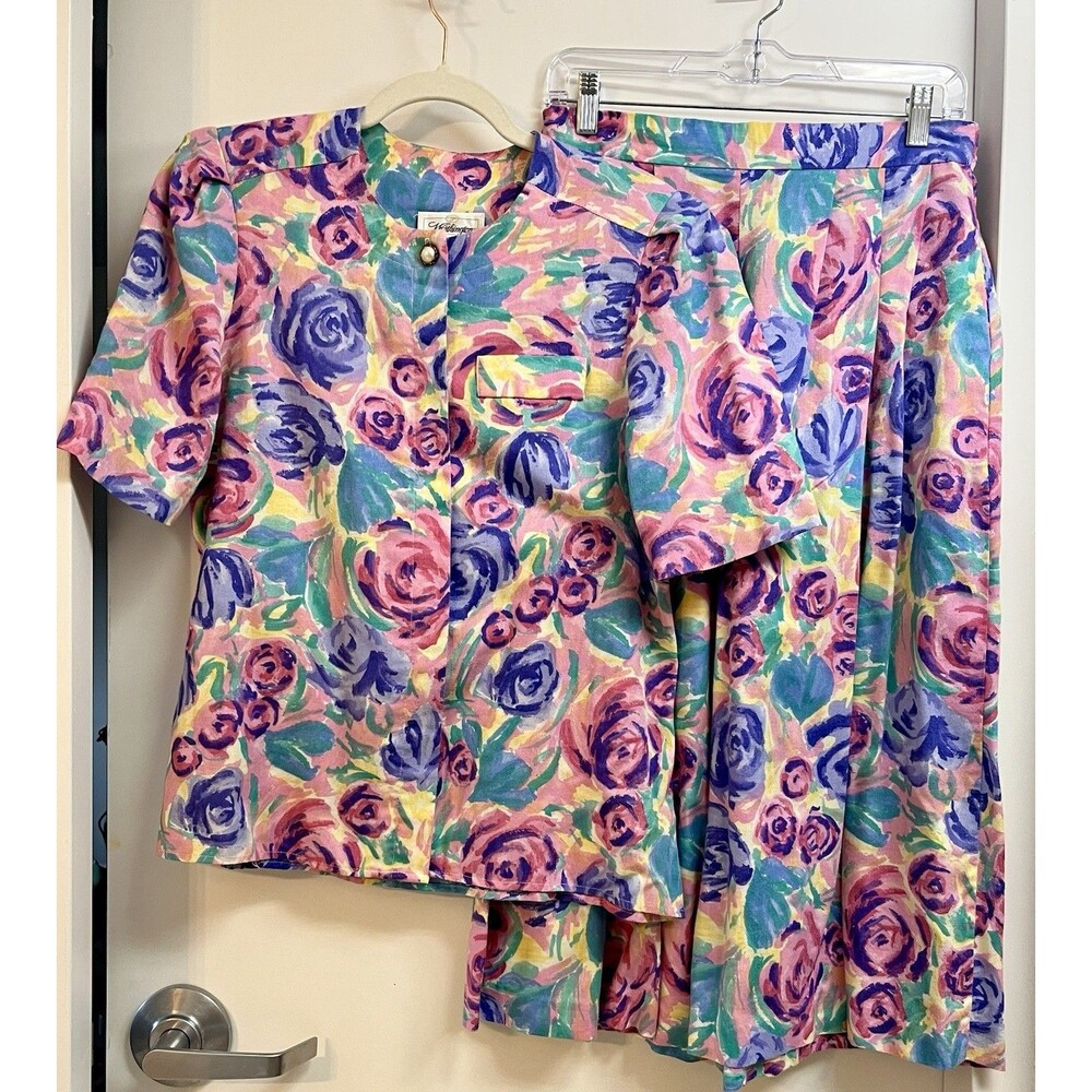 Vintage 80s Worthington Multicolor Floral Print Blouse Set Retro Medium